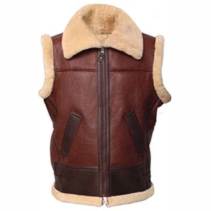 Men's Reddish Brown Faux Shearling Sheepskin Leather Vest - AMSEL LEATHERS