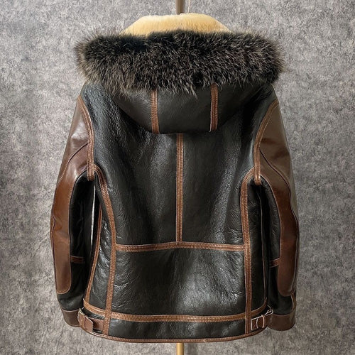 Men's Sheepskin Leather Hooded Motorcycle Flight Winter Coat - AMSEL LEATHERS