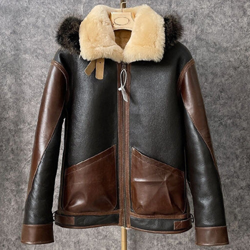 Men's Sheepskin Leather Hooded Motorcycle Flight Winter Coat - AMSEL LEATHERS