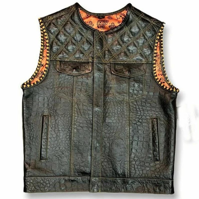 Men's Snake Yellow Diamond Quilted Motorcycle Biker Vest - AMSEL LEATHERS