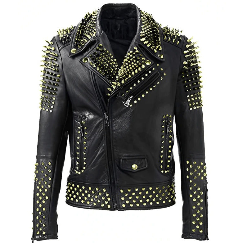 Men's Studded Biker Leather Jacket Black - AMSEL LEATHERS