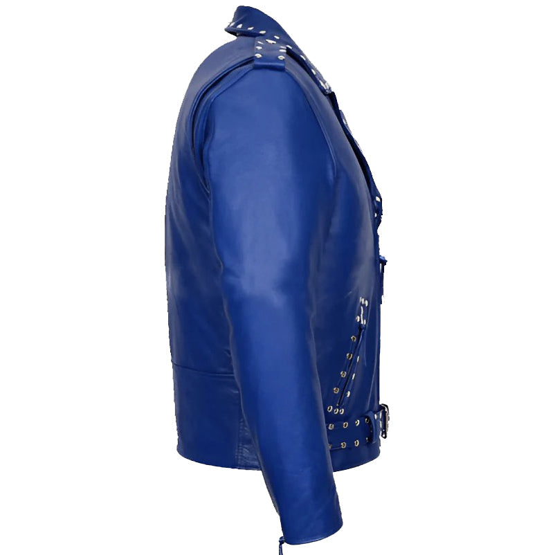 Men's Studded Blue Leather Biker Jacket - AMSEL LEATHERS