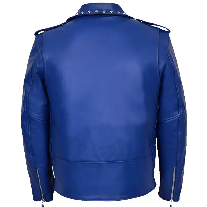 Men's Studded Blue Leather Biker Jacket - AMSEL LEATHERS