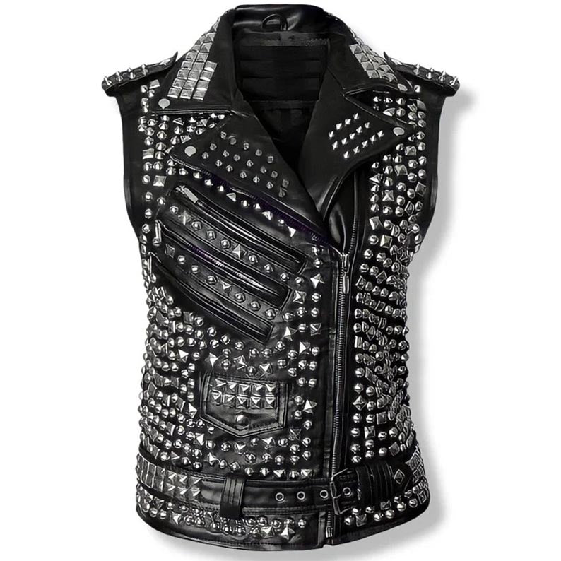 Men's Studded Leather Biker Vest - AMSEL LEATHERS