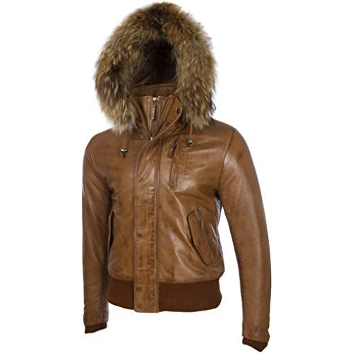 Men's Tan Brown Leather Biker Jacket with Removable Hood - AMSEL LEATHERS