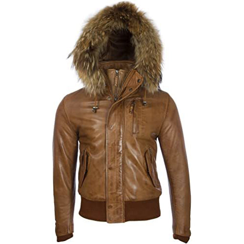 Men's Tan Brown Leather Biker Jacket with Removable Hood - AMSEL LEATHERS