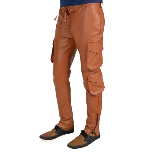 Men's Tan Cargo Style Leather Pant - AMSEL LEATHERS