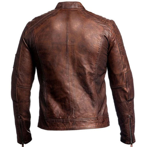 Men's Vintage Brown Cafe Racer Genuine Leather Biker Jacket - AMSEL LEATHERS