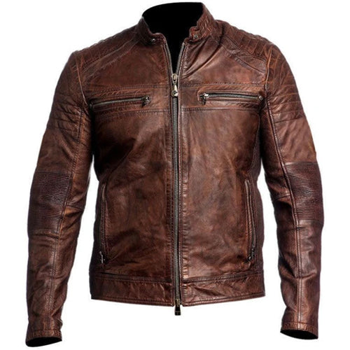 Men's Vintage Brown Cafe Racer Genuine Leather Biker Jacket - AMSEL LEATHERS