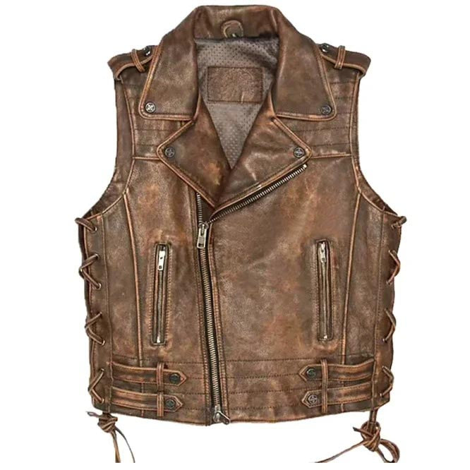 Men's Vintage Brown Leather Biker Vest - AMSEL LEATHERS