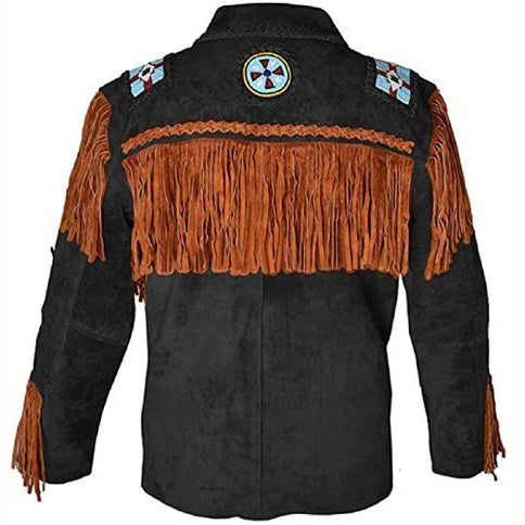 Men's Western Black Leather Jacket with Fringe - AMSEL LEATHERS