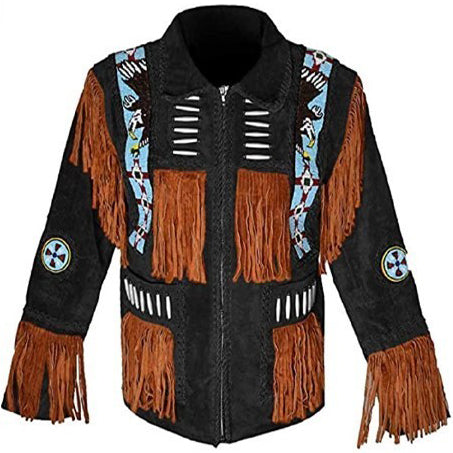 Men's Western Black Leather Jacket with Fringe - AMSEL LEATHERS