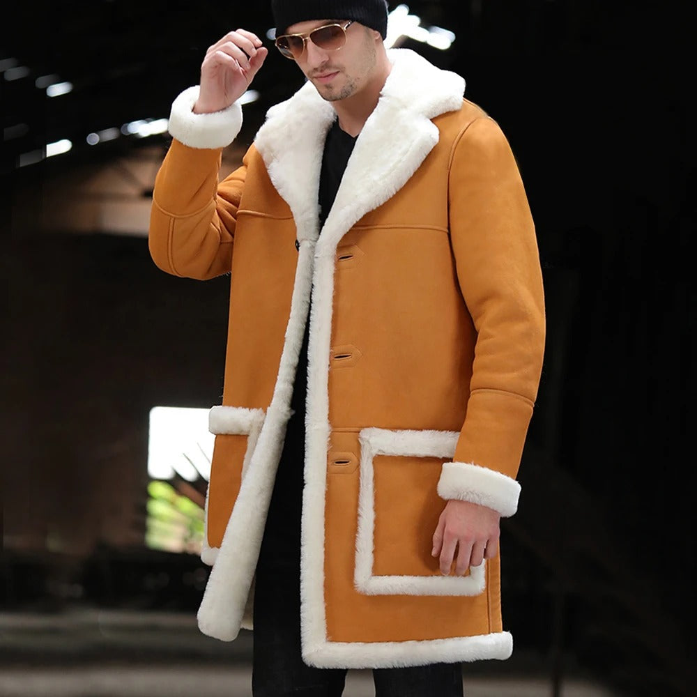 Men's Yellow Sheepskin Shearling Long Fur Coat - AMSEL LEATHERS