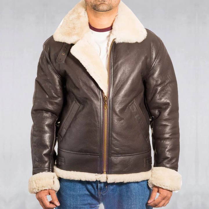 Men's Aviator B3 Dark Brown Sheepskin Bomber Leather Jacket - AMSEL LEATHERS