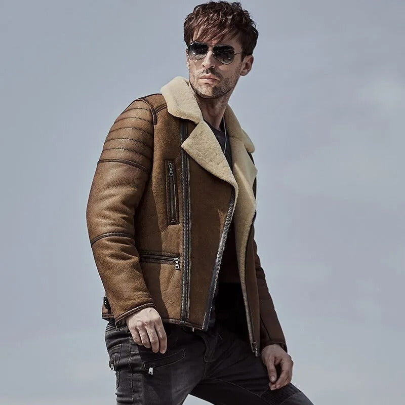 Men's B-6 Sheepskin Bomber Jacket - Shearling Aviator Coat - AMSEL LEATHERS