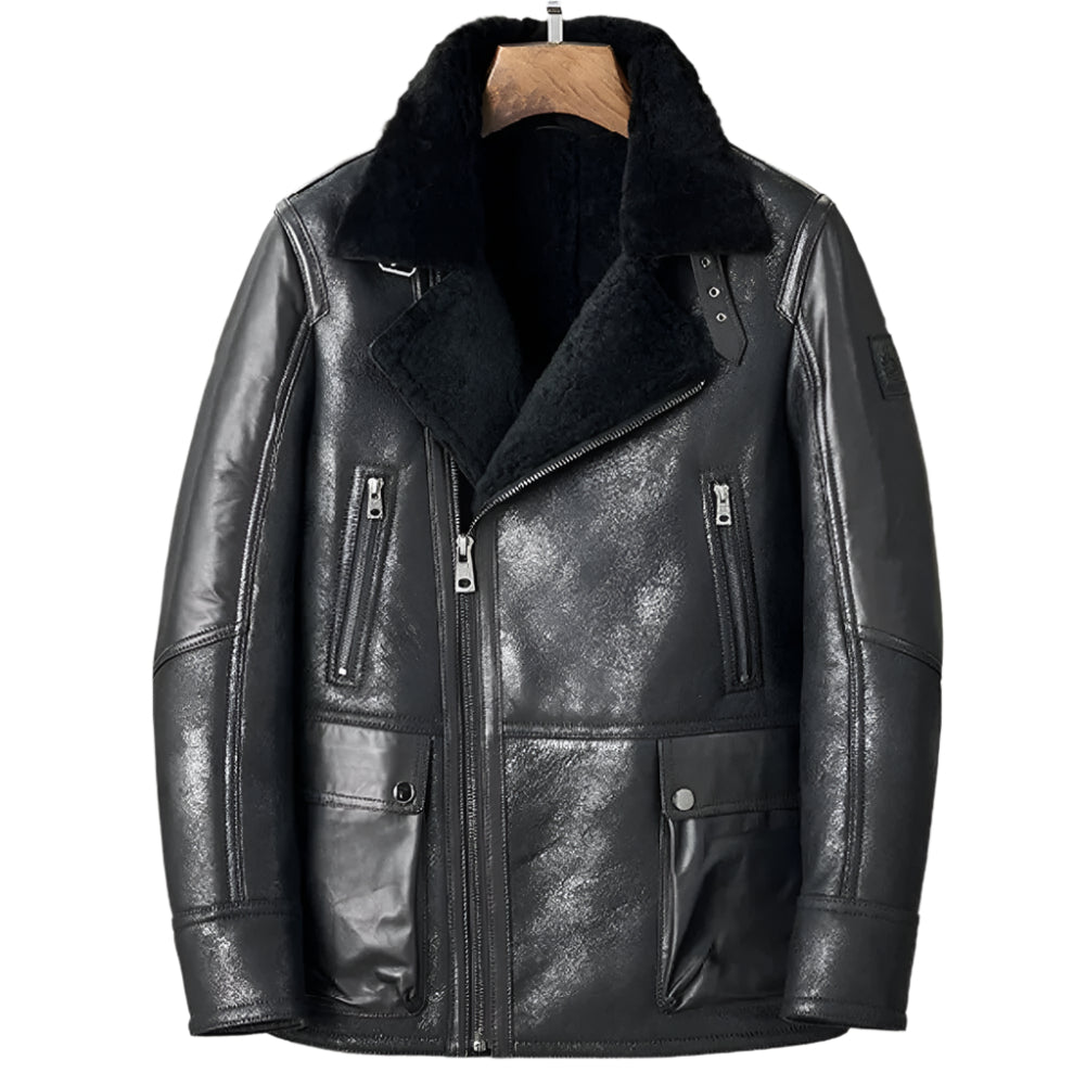 Men's Black B3 Shearling Bomber Jacket - Sheepskin Coat - AMSEL LEATHERS