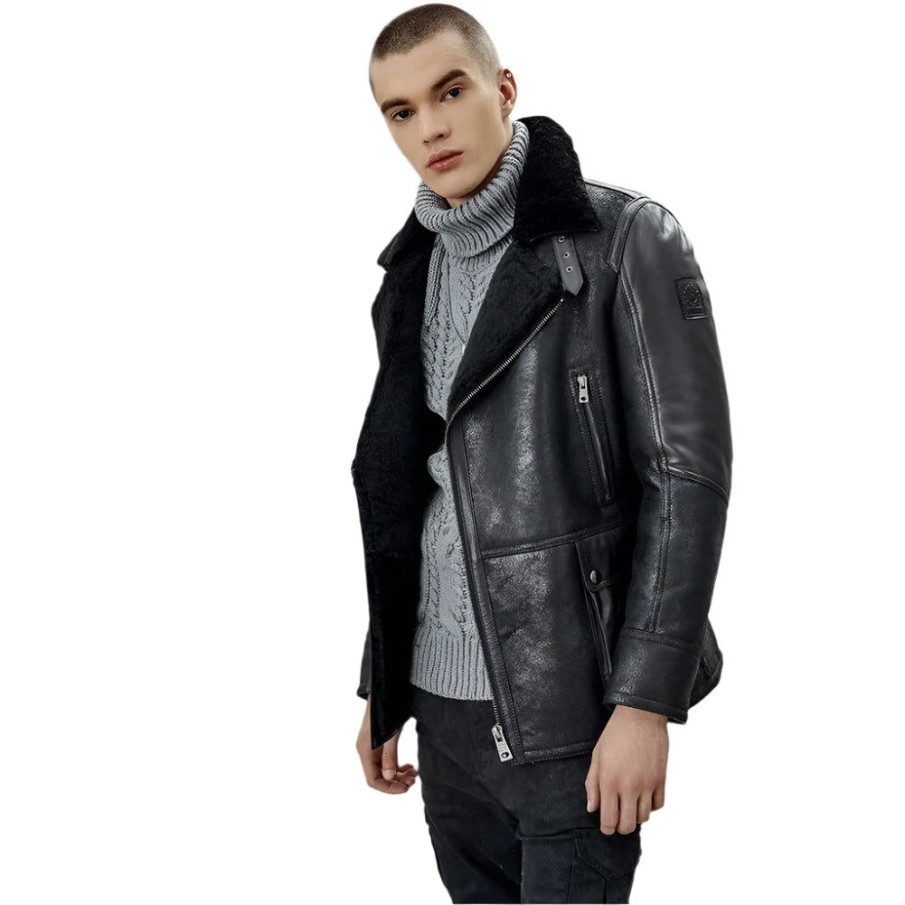 Men's Black B3 Shearling Bomber Jacket - Sheepskin Coat - AMSEL LEATHERS