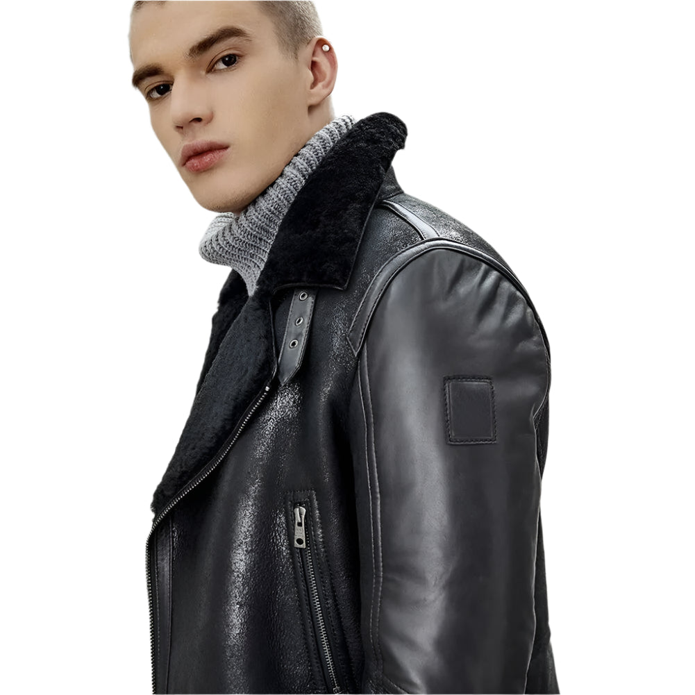 Men's Black B3 Shearling Bomber Jacket - Sheepskin Coat - AMSEL LEATHERS