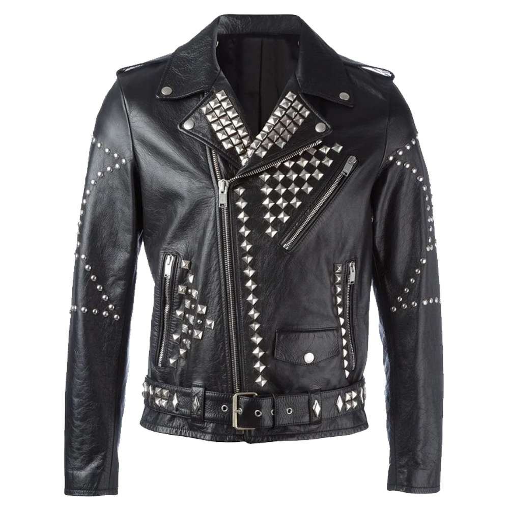 Mens Black Biker Studded Leather Jacket - AMSEL LEATHERS