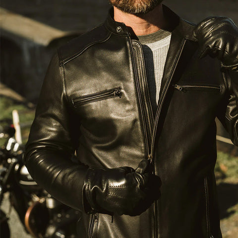 men's black lambskin leather biker jacket leif texture detail