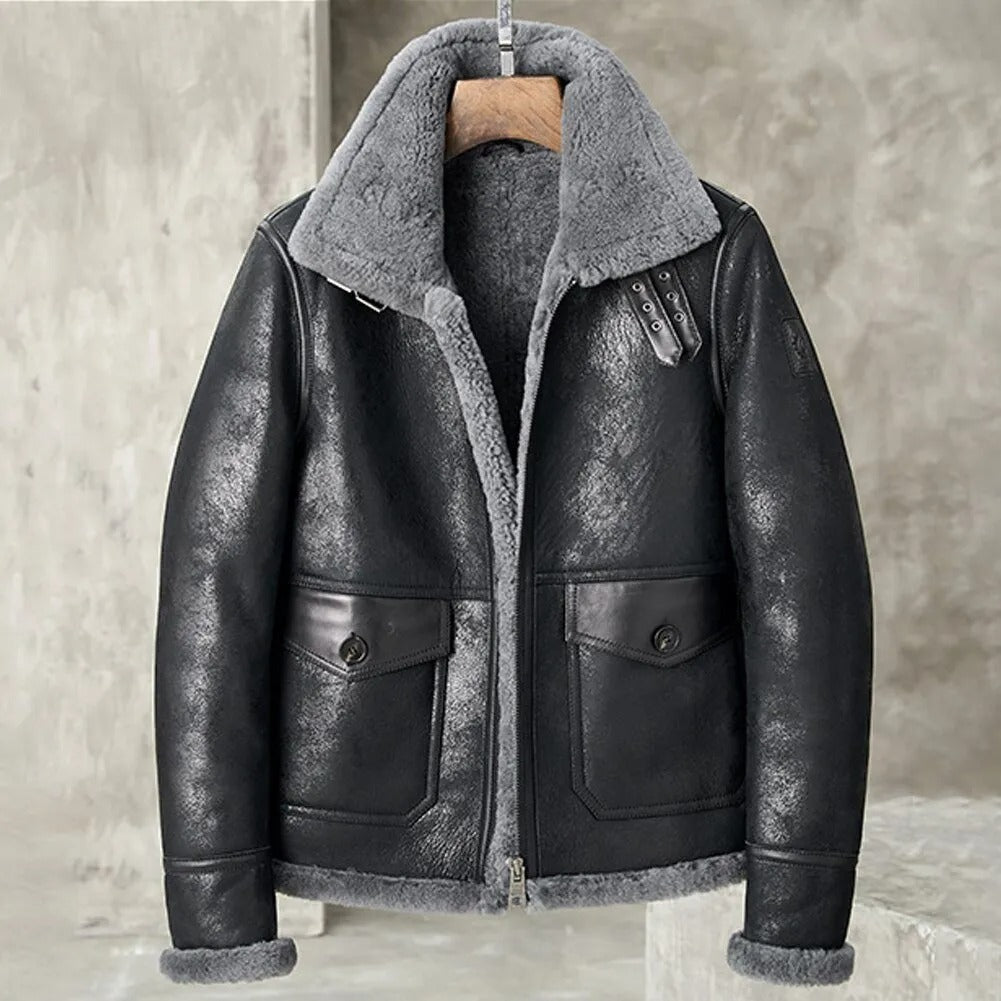 Men's Black Shearling B3 Bomber Jacket - Sheepskin Pilots Coat - AMSEL LEATHERS