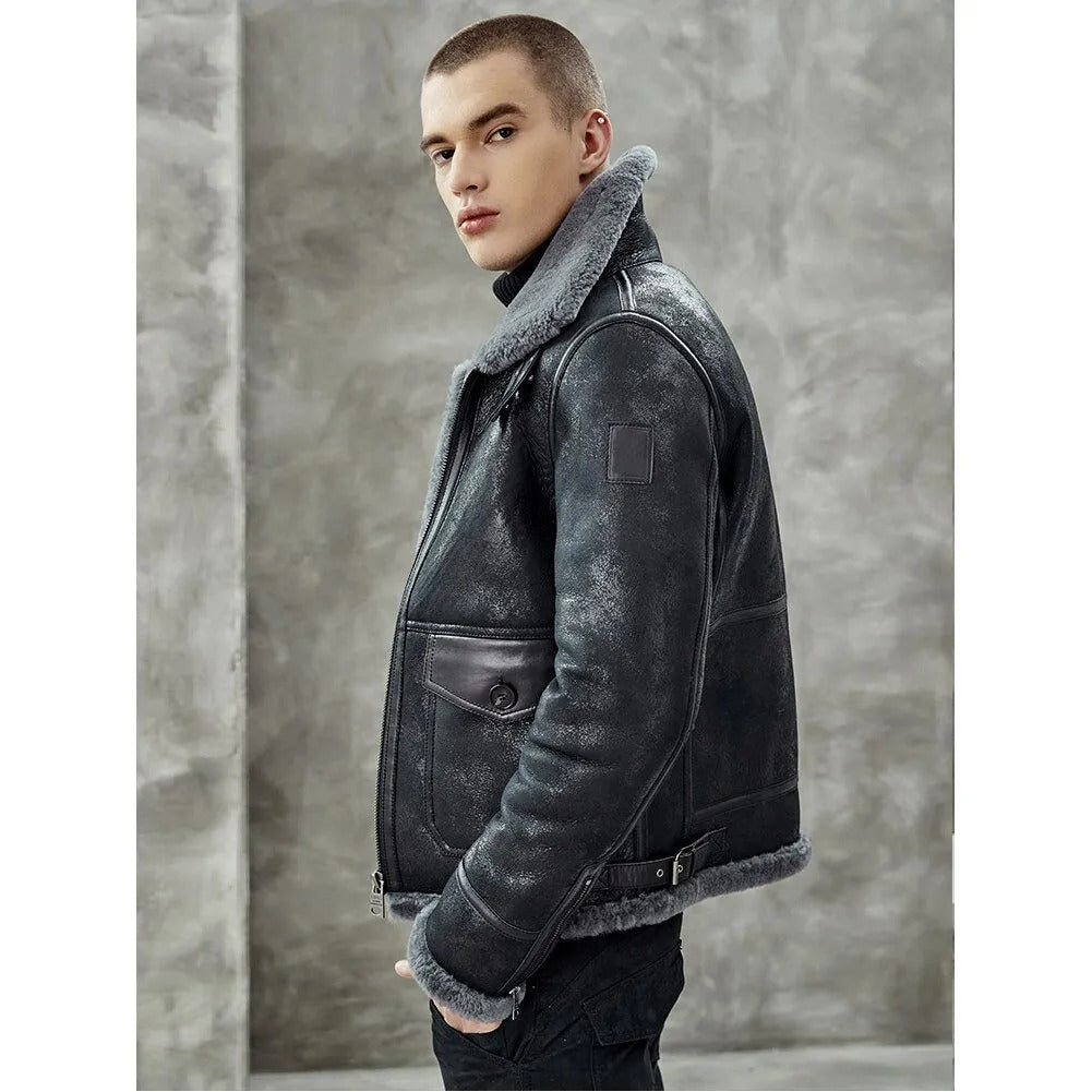 Men's Black Shearling B3 Bomber Jacket - Sheepskin Pilots Coat - AMSEL LEATHERS