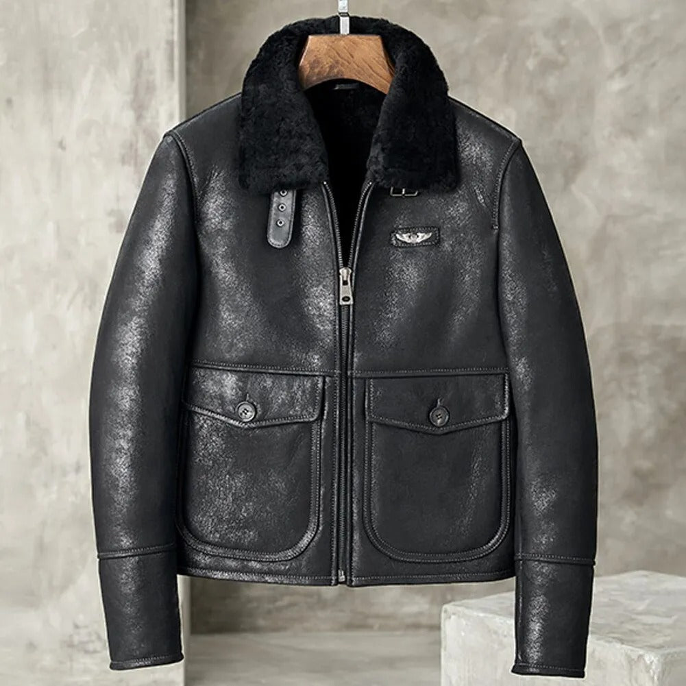 Men's Black Shearling Lapel Jacket - Short B3 Bomber Leather Coat - AMSEL LEATHERS