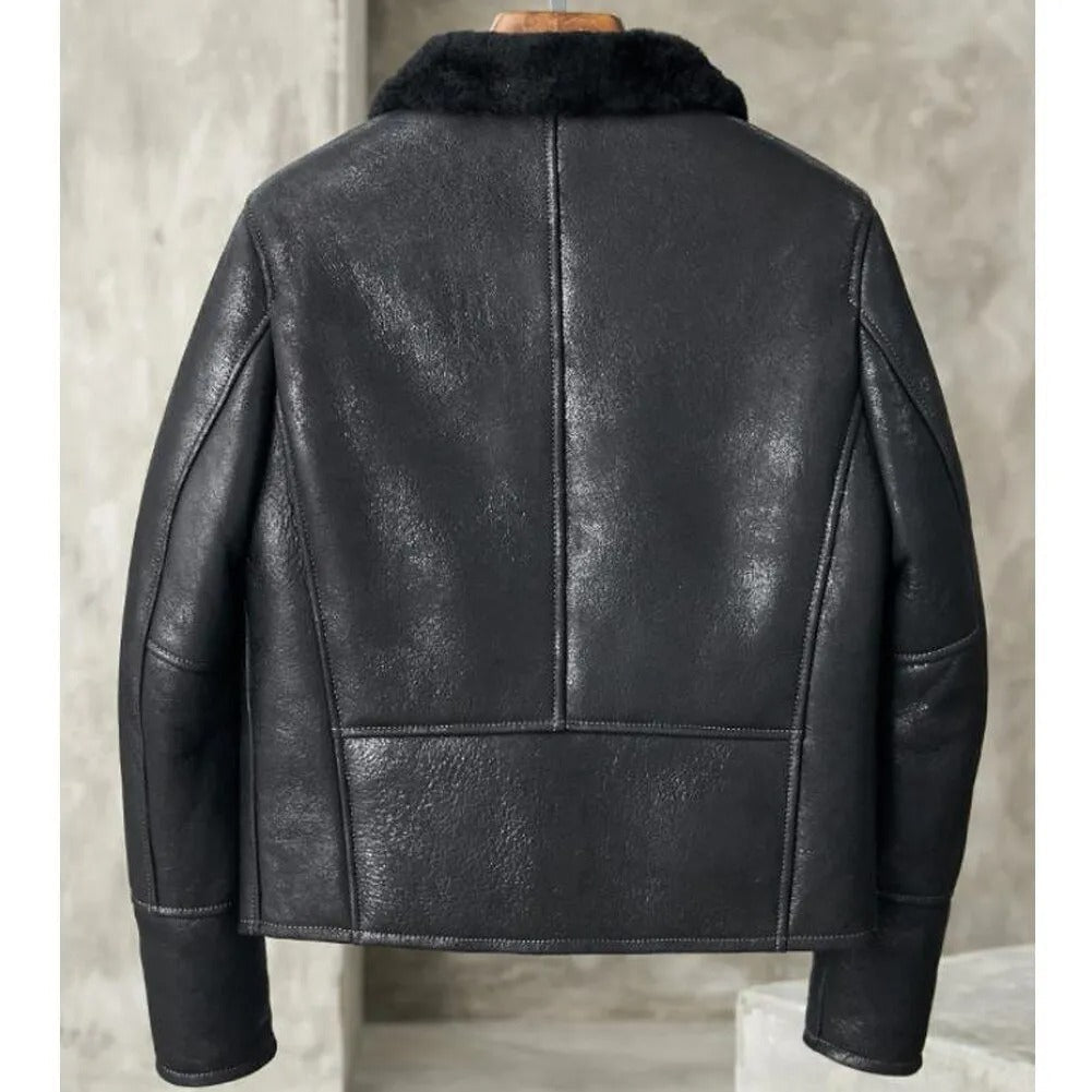 Men's Black Shearling Lapel Jacket - Short B3 Bomber Leather Coat - AMSEL LEATHERS