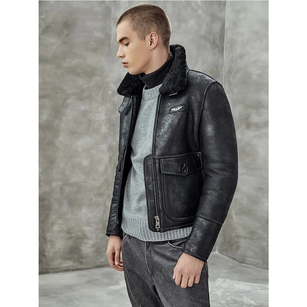 Men's Black Shearling Lapel Jacket - Short B3 Bomber Leather Coat - AMSEL LEATHERS