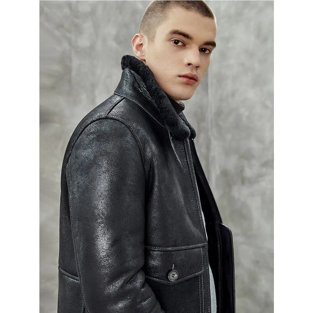 Men's Black Shearling Lapel Jacket - Short B3 Bomber Leather Coat - AMSEL LEATHERS