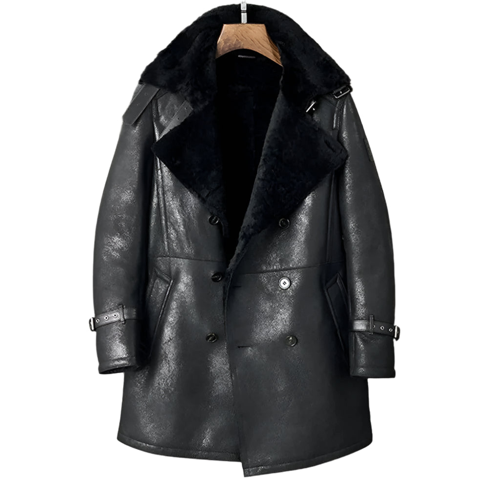 Men's Black Shearling Long Trench Coat - AMSEL LEATHERS