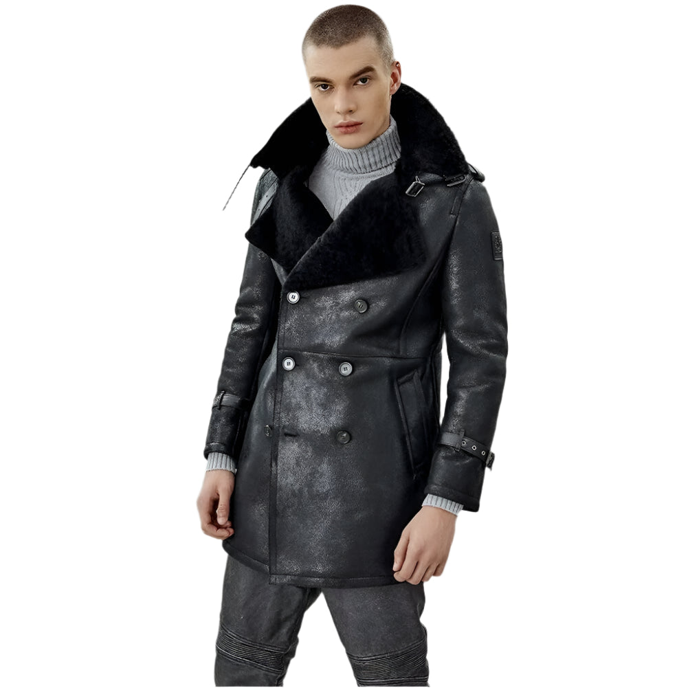 Men's Black Shearling Long Trench Coat - AMSEL LEATHERS