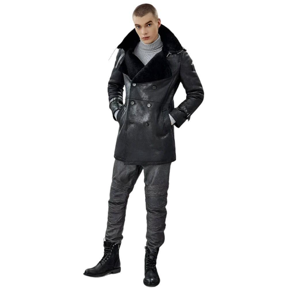 Men's Black Shearling Long Trench Coat - AMSEL LEATHERS