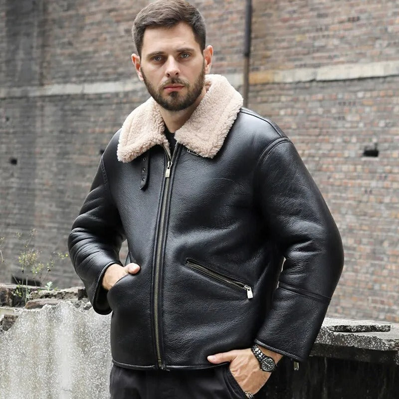 Men's Black Sheepskin Shearling Motorcycle Jacket - AMSEL LEATHERS