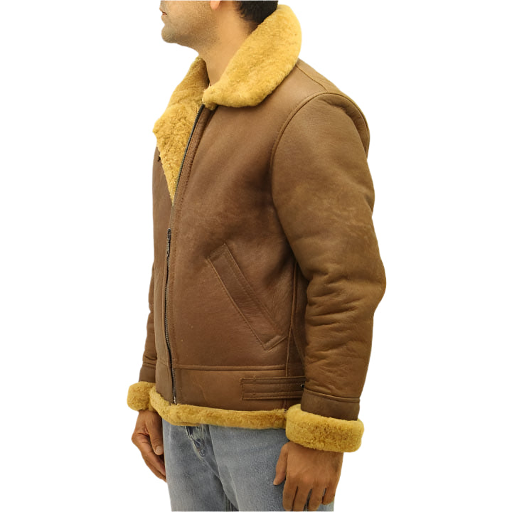 Men's Brown Aviator B3 Sheepskin Leather Jacket - AMSEL LEATHERS