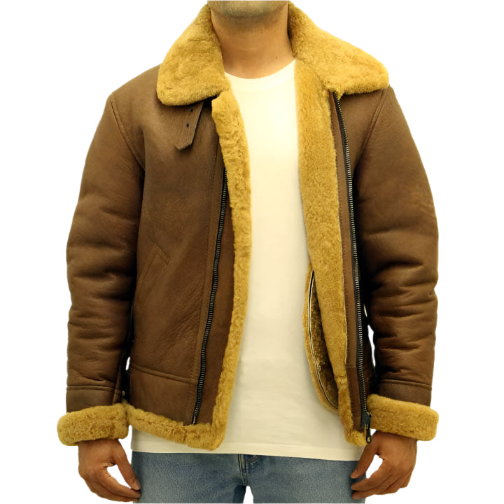 Men's Brown Aviator B3 Sheepskin Leather Jacket - AMSEL LEATHERS