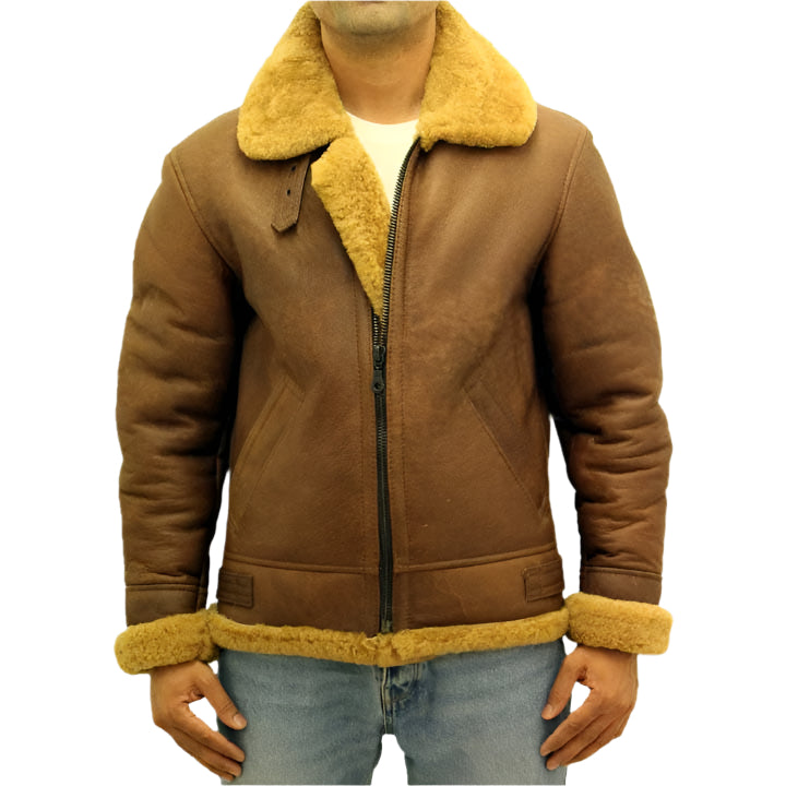 Men's Brown Aviator B3 Sheepskin Leather Jacket - AMSEL LEATHERS