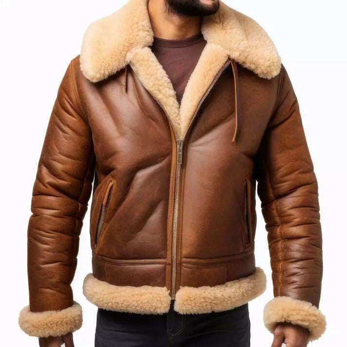 Men's Brown RAF B3 Shearling Bomber Jacket - Aviator Pilot Leather Coat - AMSEL LEATHERS