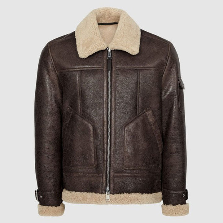 Brown Shearling Collar Aviator Leather Jacket - AMSEL LEATHERS