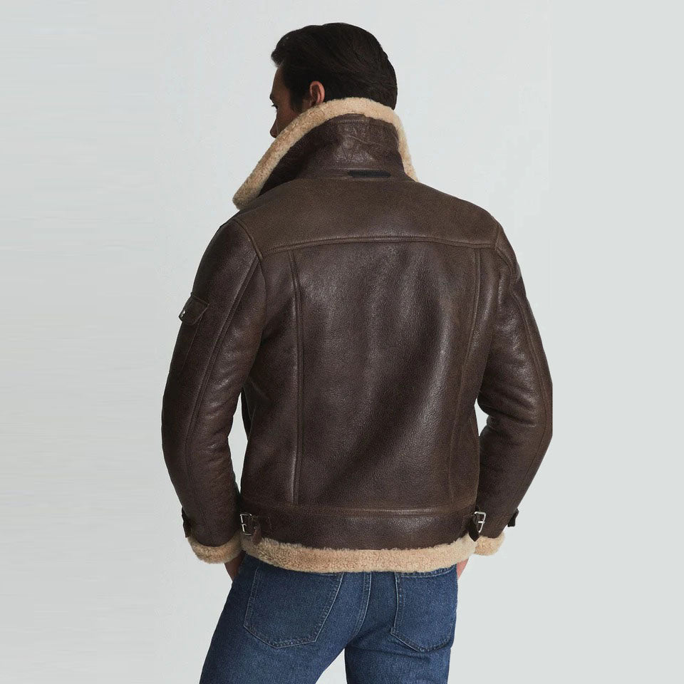 Brown Shearling Collar Aviator Leather Jacket - AMSEL LEATHERS