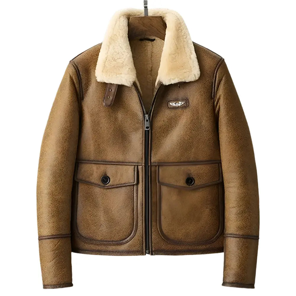 Men's Brown Shearling Lapel Jacket - Short Style B3 Bomber Coat - AMSEL LEATHERS