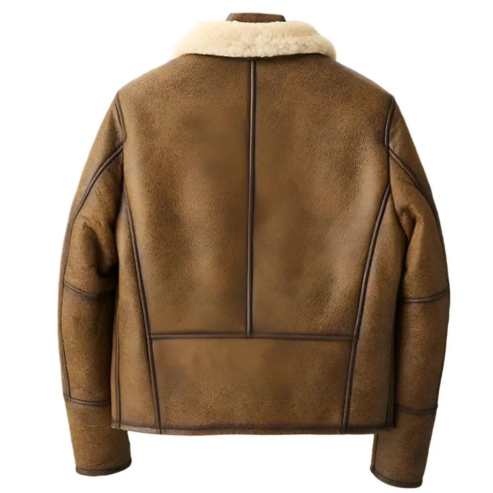 Men's Brown Shearling Lapel Jacket - Short Style B3 Bomber Coat - AMSEL LEATHERS