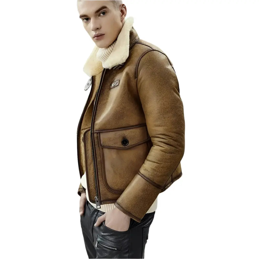 Men's Brown Shearling Lapel Jacket - Short Style B3 Bomber Coat - AMSEL LEATHERS