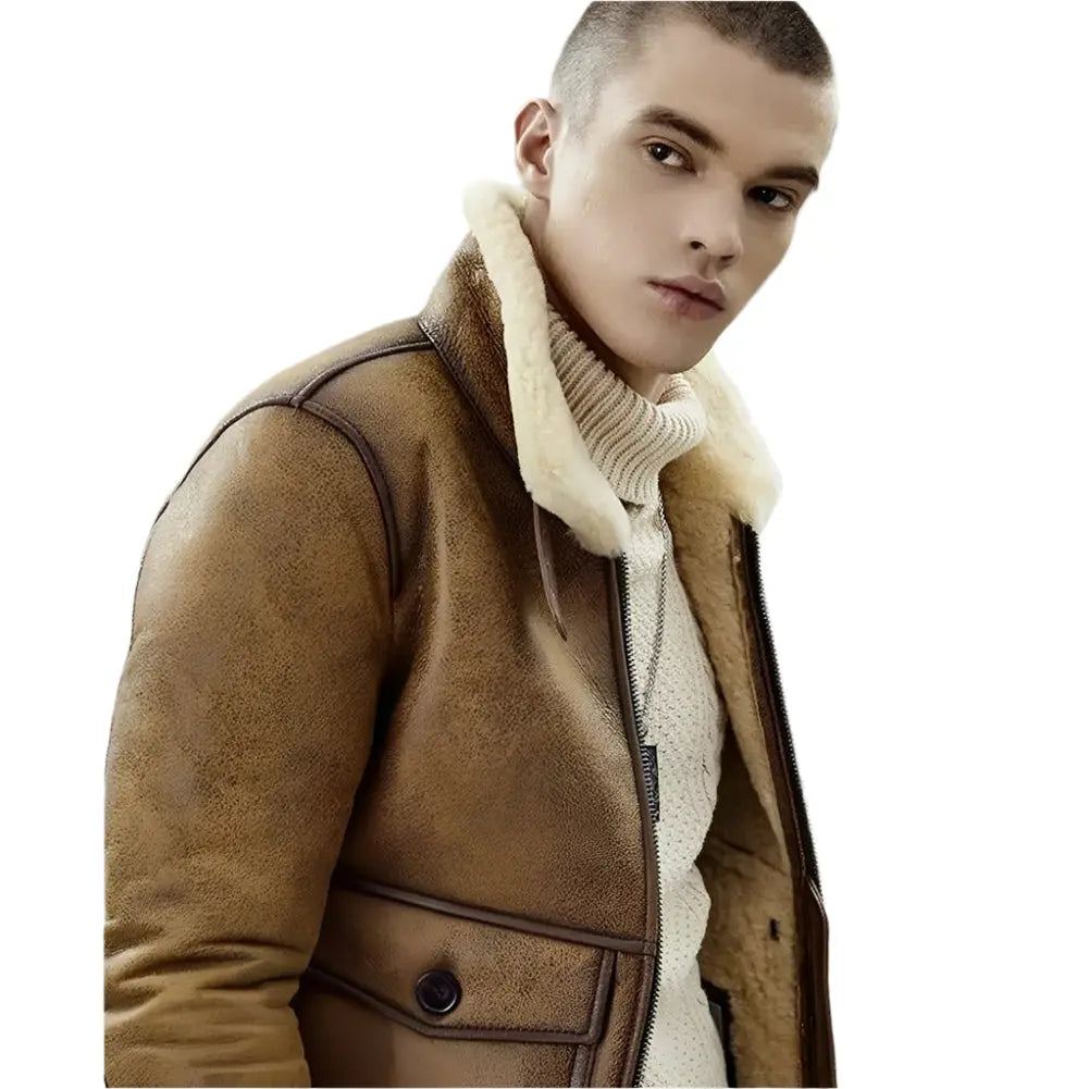 Men's Brown Shearling Lapel Jacket - Short Style B3 Bomber Coat - AMSEL LEATHERS