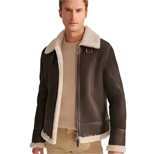 Men's Brown Shearling Pilot Leather Aviator Jacket - AMSEL LEATHERS