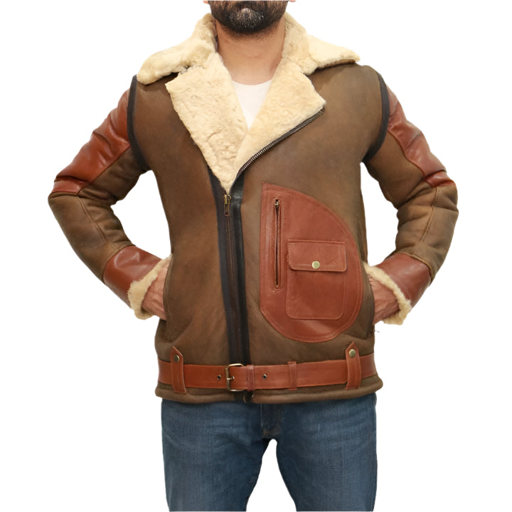 Men's Brown Sheepskin Bomber Jacket - AMSEL LEATHERS