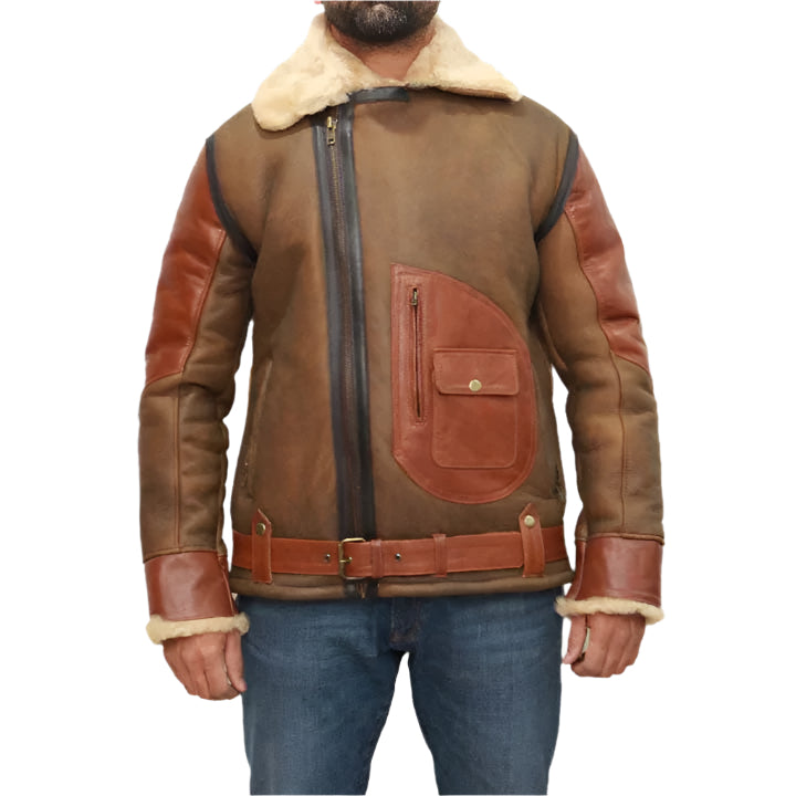 Men's Brown Sheepskin Bomber Jacket - AMSEL LEATHERS