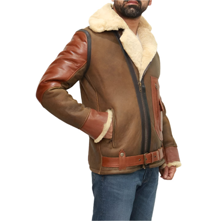 Men's Brown Sheepskin Bomber Jacket - AMSEL LEATHERS