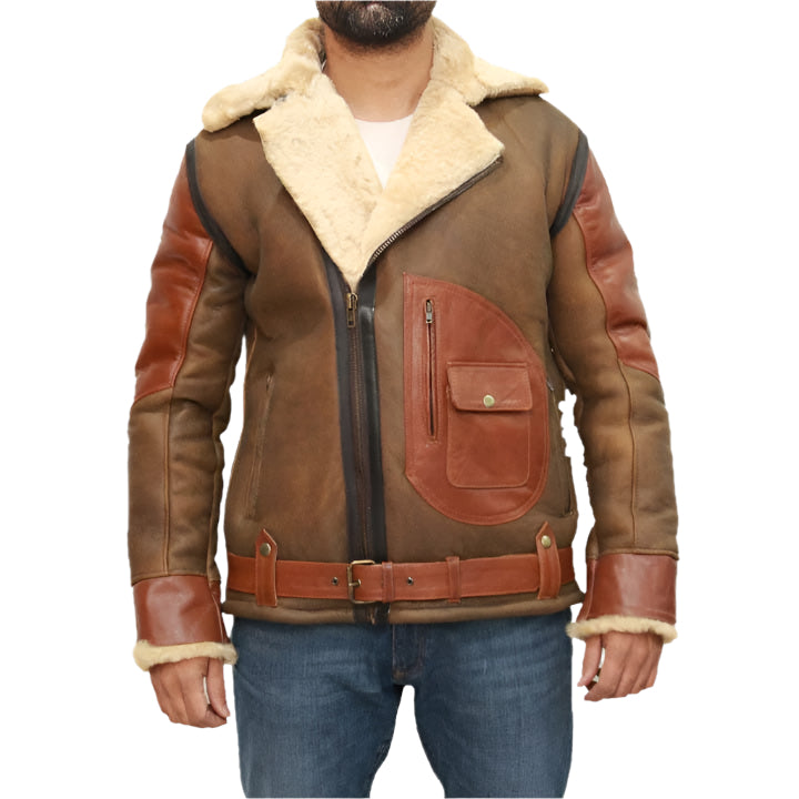 Men's Brown Sheepskin Bomber Jacket - AMSEL LEATHERS