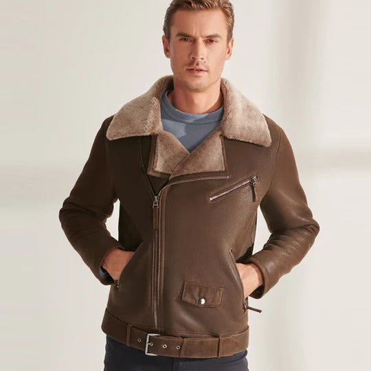 Men's Classic Brown Shearling Sheepskin Biker Aviator Jacket - AMSEL LEATHERS